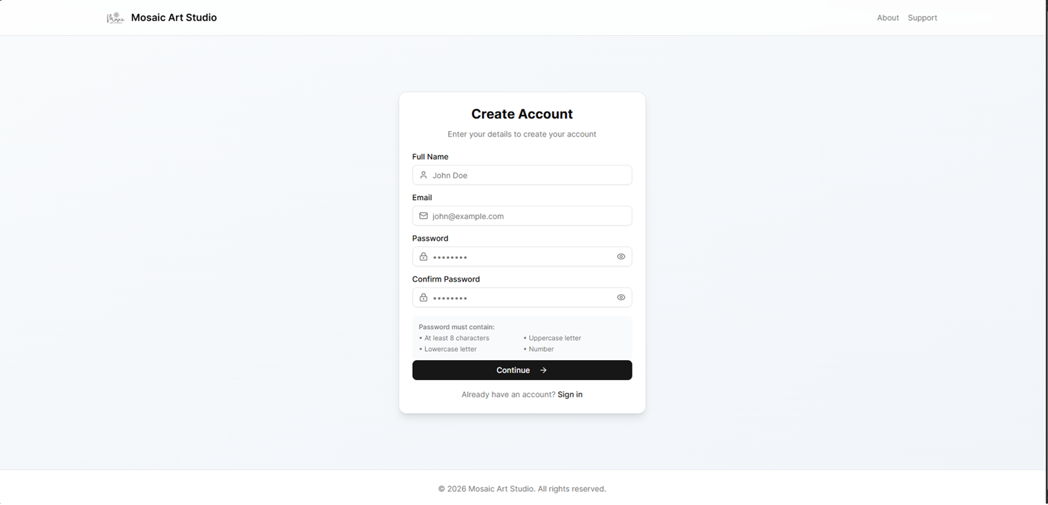 Registration form with name, email, and password fields